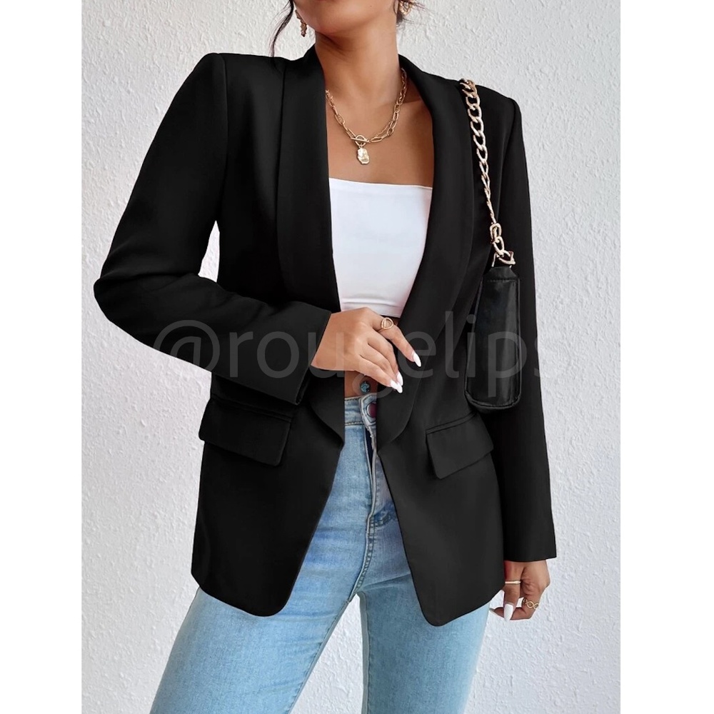 Black Blazer Jacket Shawl Collar Long Sleeve - Picture 5 of 13